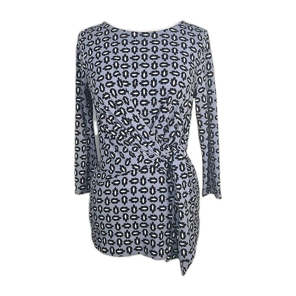 Ann‎ Taylor Blue Black Print Stretch Knit 3/4 Sleeve Faux Wrap Top Size XS
